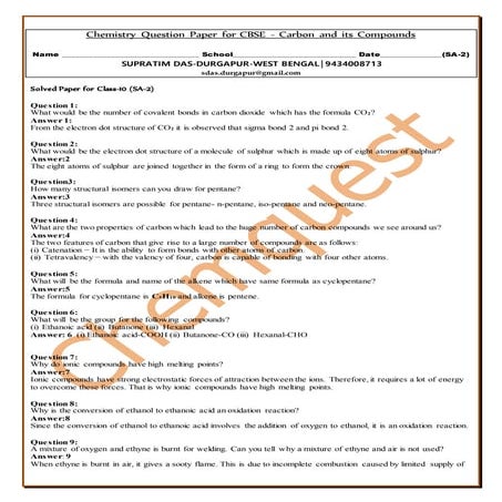 Chemistry question paper for cbse 10 carbon & its compounds