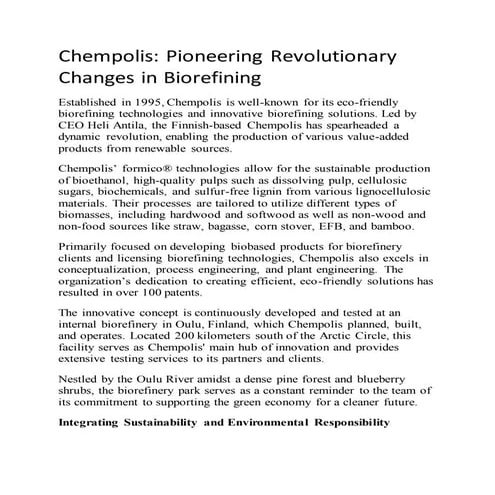 Chempolis: Pioneering Revolutionary Changes in Biorefining | PDF