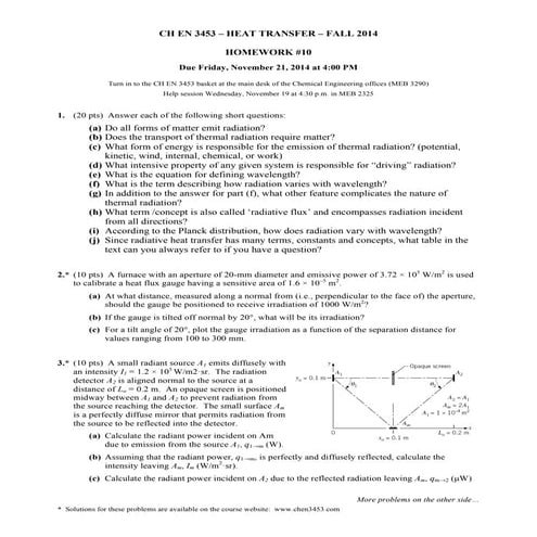 CH EN 3453 Heat Transfer 2014 Fall Utah Homework HW 10 Assignment | PDF