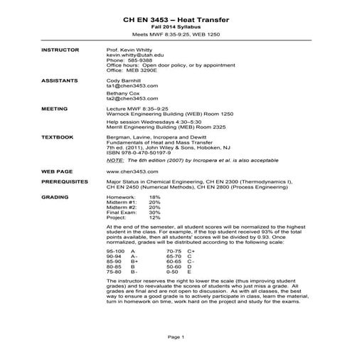 CH EN 3453 Heat Transfer 2014 Fall Utah