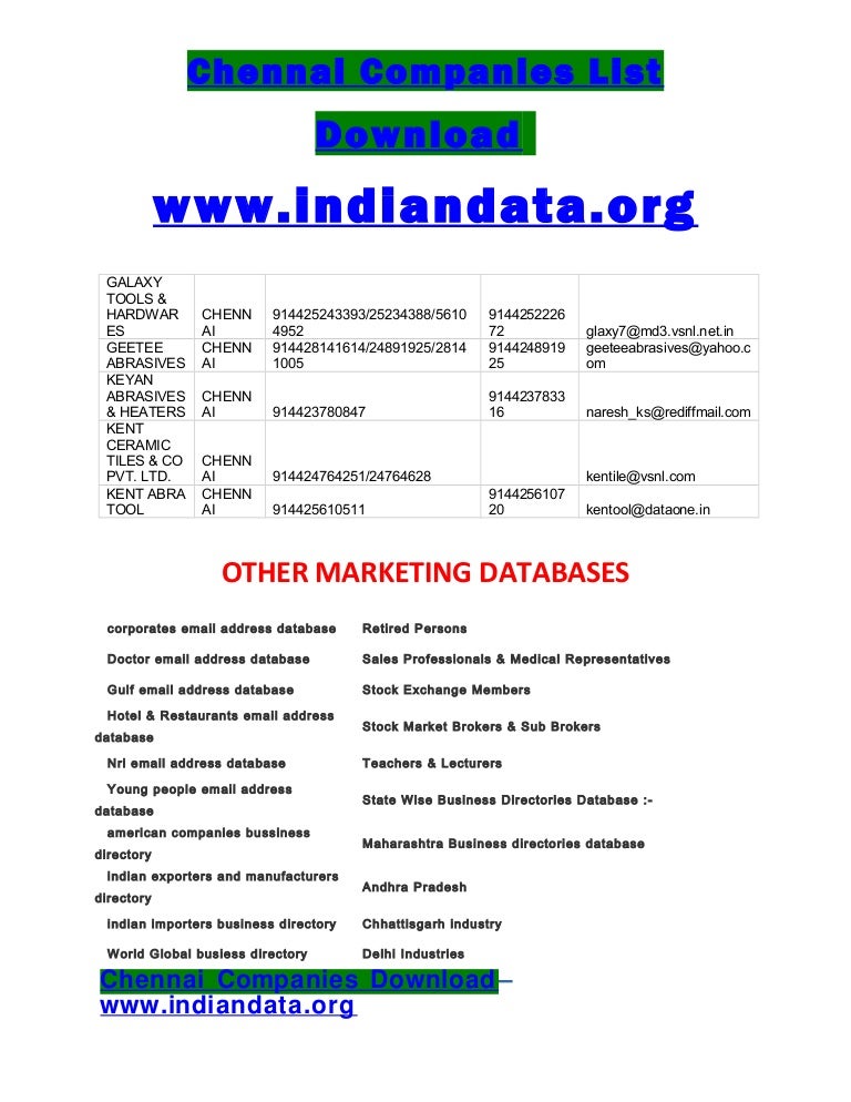 Chennai Companies List Download