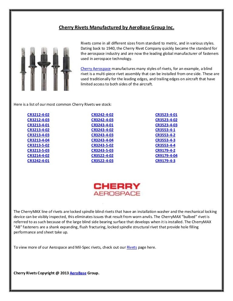 Cherry Rivets Manufactured by AeroBase Group Inc.