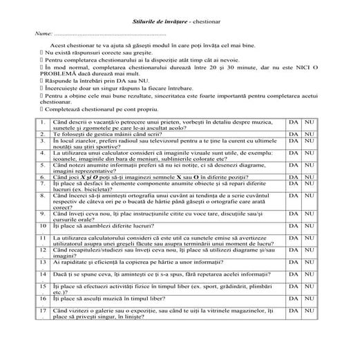 Chestionar stiluri de invatare