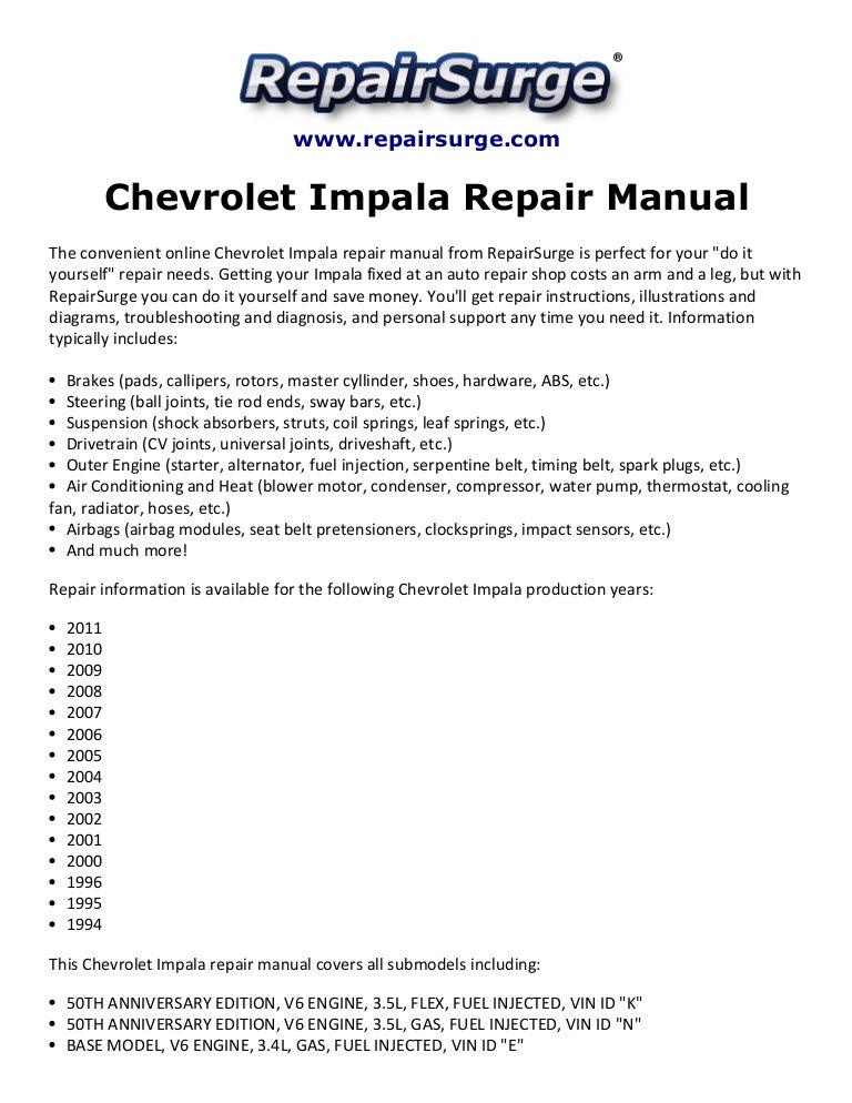 Chevrolet Impala Repair Manual 1994 2011