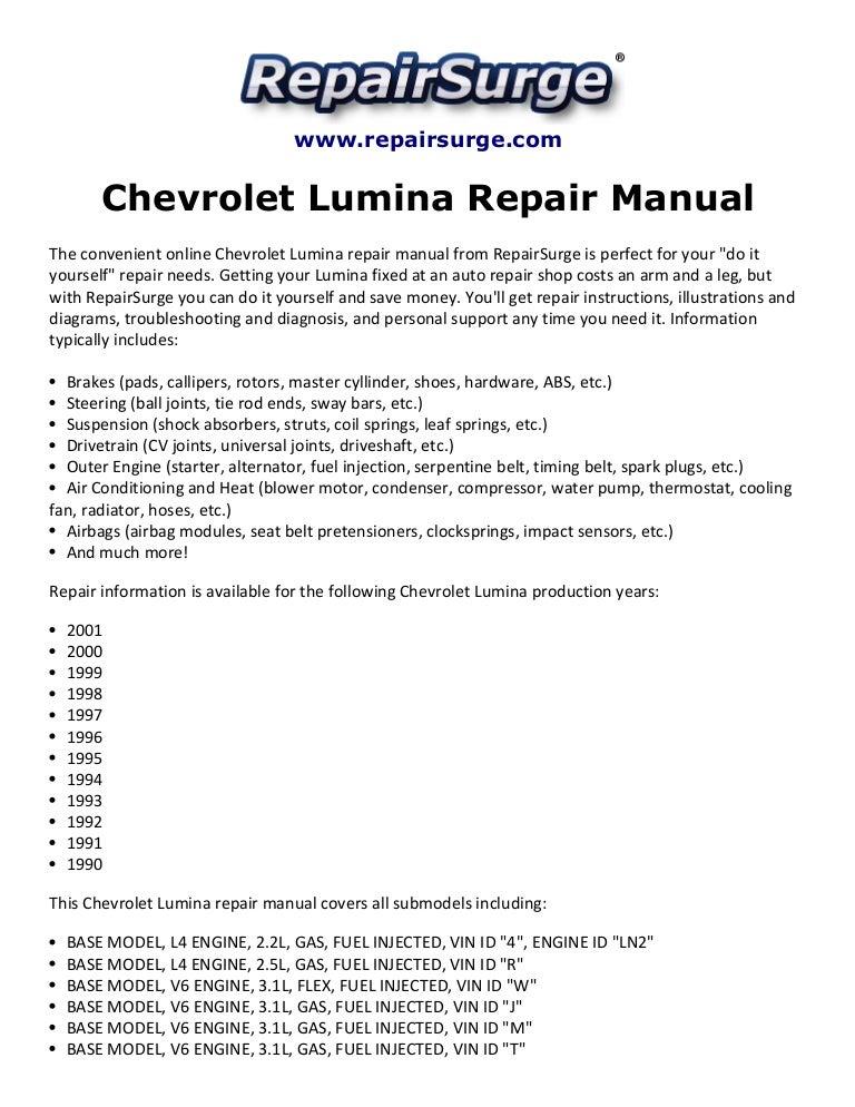 Chevrolet Lumina Repair Manual 1990-2001 | 98 Chevy Lumina Engine Diagram | | SlideShare