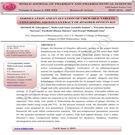 Chewable tablet of ginger wjpps