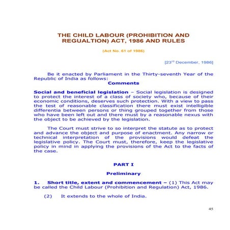 The Child Labour (Prohibition and Regualtion) Act and Rules, 1986 