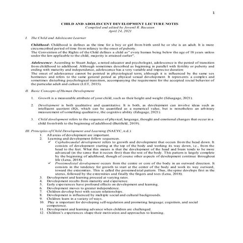 Child and Adolescent Development Lecture Notes