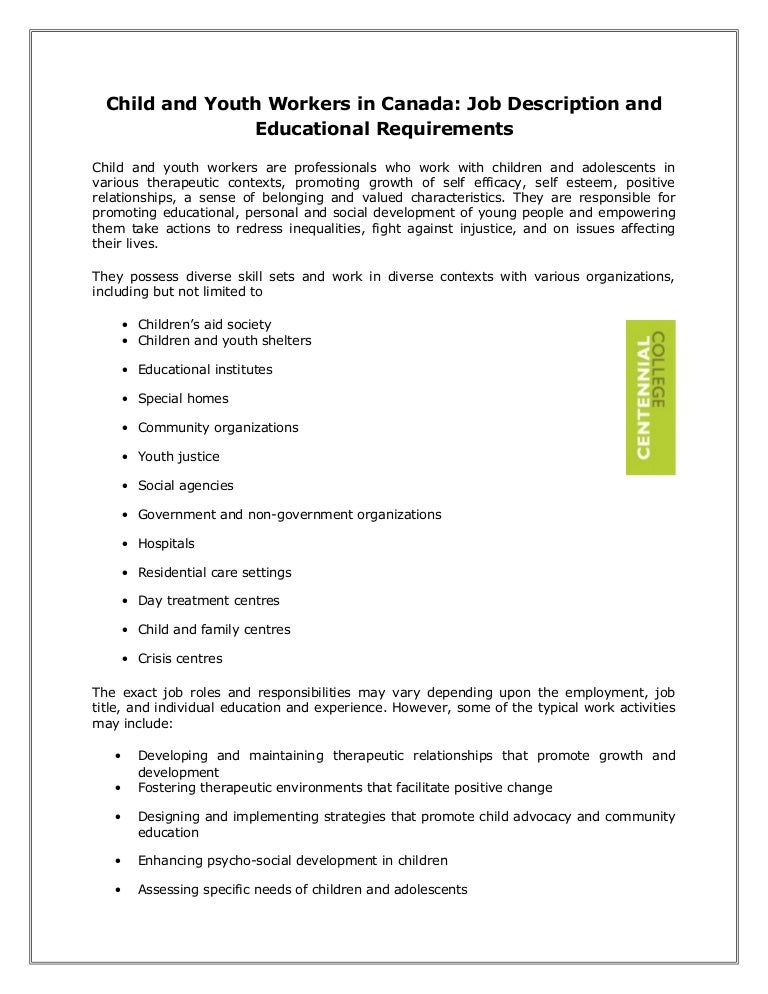 Child and youth workers in canada job description and educational req???