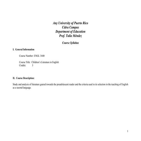 Childrens Literature Course Syllabus