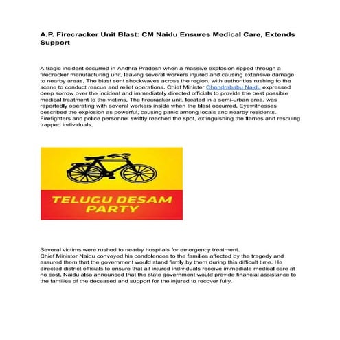 A.P. Firecracker Unit Blast: CM Naidu Ensures Medical Care, Extends Support