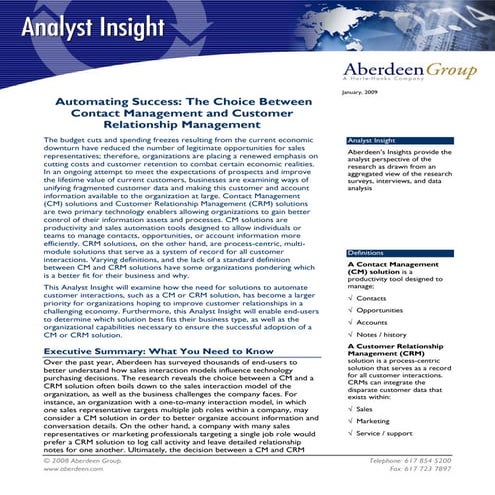 The Choice between Contact Management or CRM - Aberdeen Group