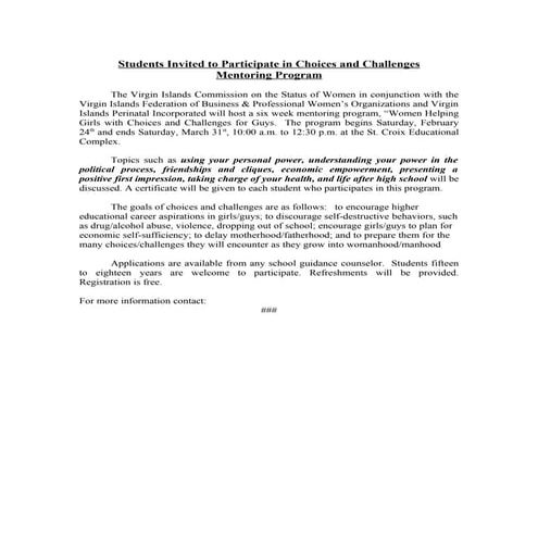 Choices &amp; Challenges Press Release