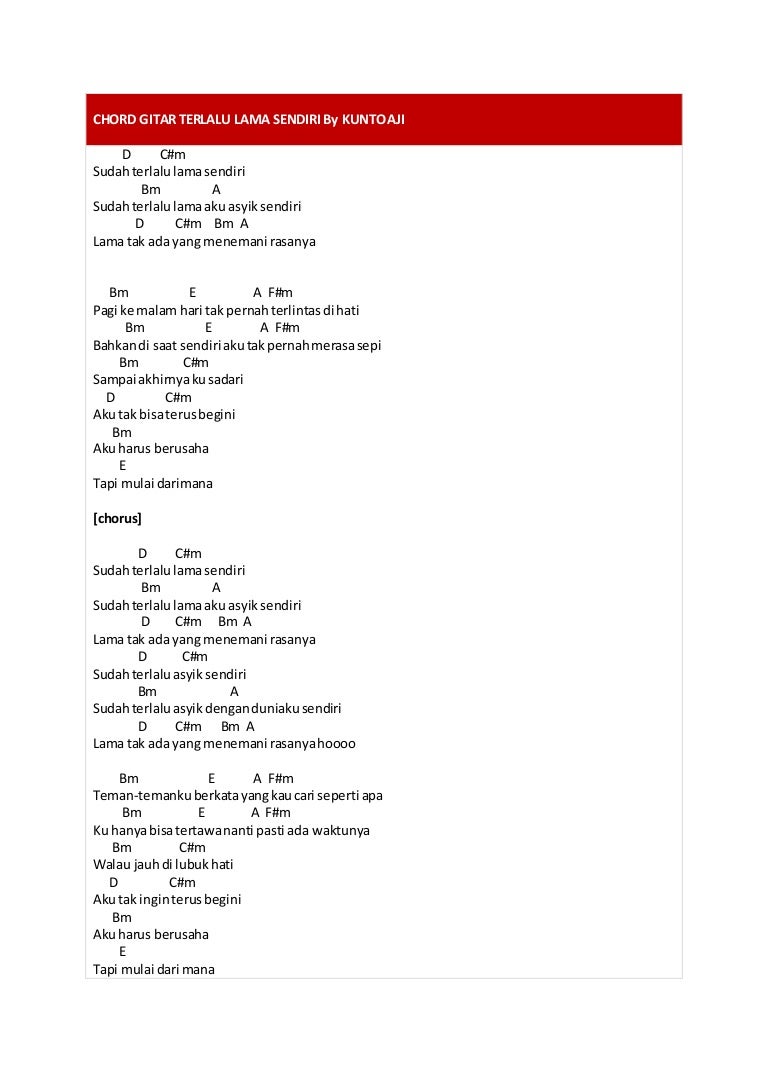 Chord Gitar Terlalu Lama Sendiri By Kunto Aji