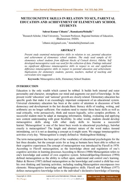 Meta cognitive skills in relation to sex, parental education and achievement of Elementary school students
