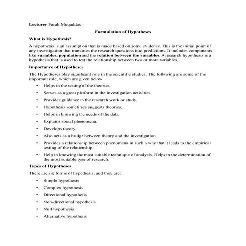 Research Chp : Formulation of Hypotheses