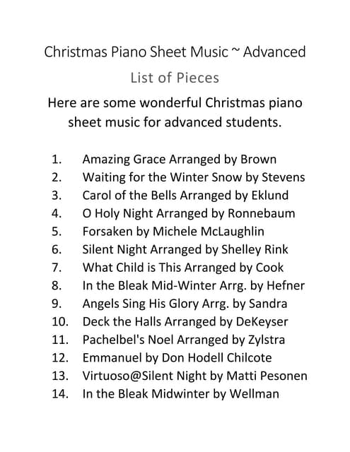 Thumbnail image representing advanced Christmas piano sheet music in PDF format, suggesting higher complexity and performance-ready arrangements.