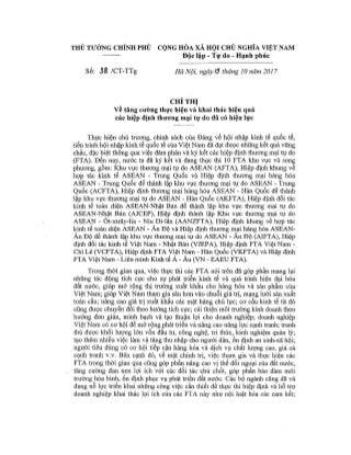Chỉ thị 38/CT-TTg về tăng cường thực hiện và khai thác hiệu quả các hiệp định thương mại tự do đã có hiệu lực