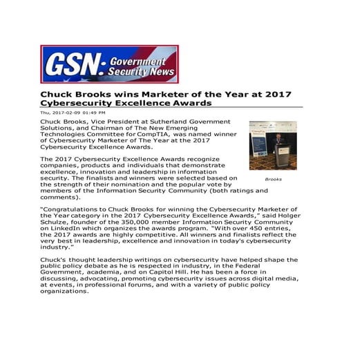 Chuck brooks wins marketer of the year at 2017 cybersecurity excellence awards