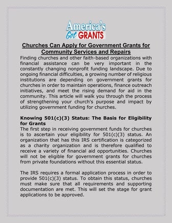 Churches Can Apply for Government Grants for Community Services and Repairs