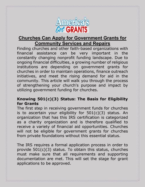 Churches Can Apply for Government Grants for Community Services and Repairs