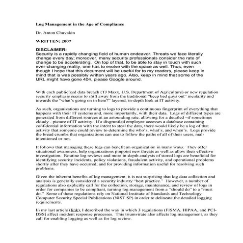 Log Management in the Age of Compliance