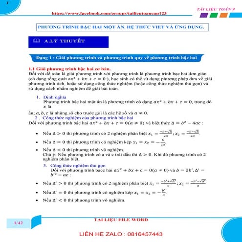 TOÁN 9-CHUYÊN ĐỀ HỆ THỨC VIET VÀ ỨNG DỤNG