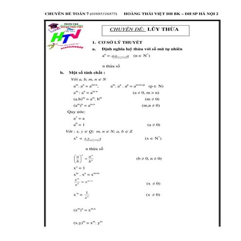 CHUYÊN ĐỀ LŨY THỪA & TỶ LỆ THỨC DÃY TỶ SỐ BẰNG NHAU TOÁN 7 CỰC HAY -HOÀNG THÁ...