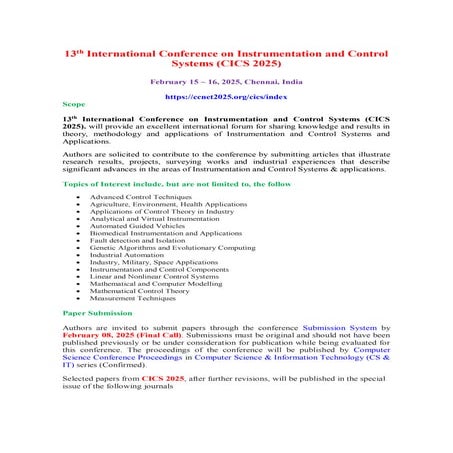13 th International Conference on Instrumentation and Control Systems ...