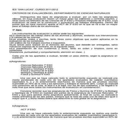 Ciencias Naturales. criterios de evaluación