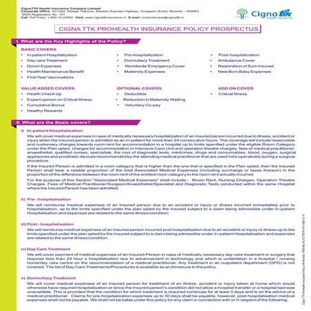 Cigna TTK pro health insurance prospectus