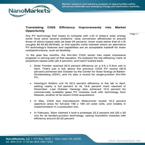 Translating CIGS Efficiency Improvements Into Market Opportunity