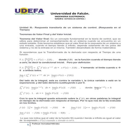 SISTEMAS DE CONTROL I: CII UN III TEOREMAS DE VALOR INICIAL Y FINAL ...