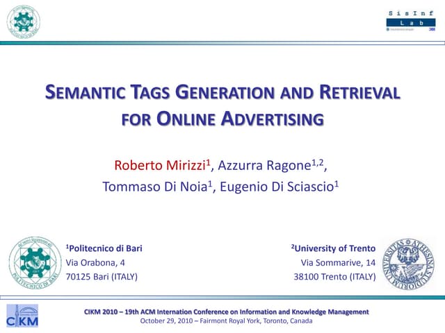 Semantic Tags Generation and Retrieval for Online Advertising - CIKM 2010
