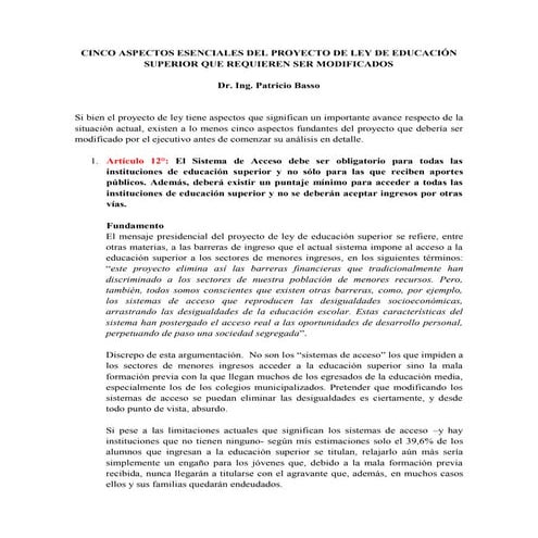Cinco aspectos esenciales del proyecto de ley de educacón superior que requie...