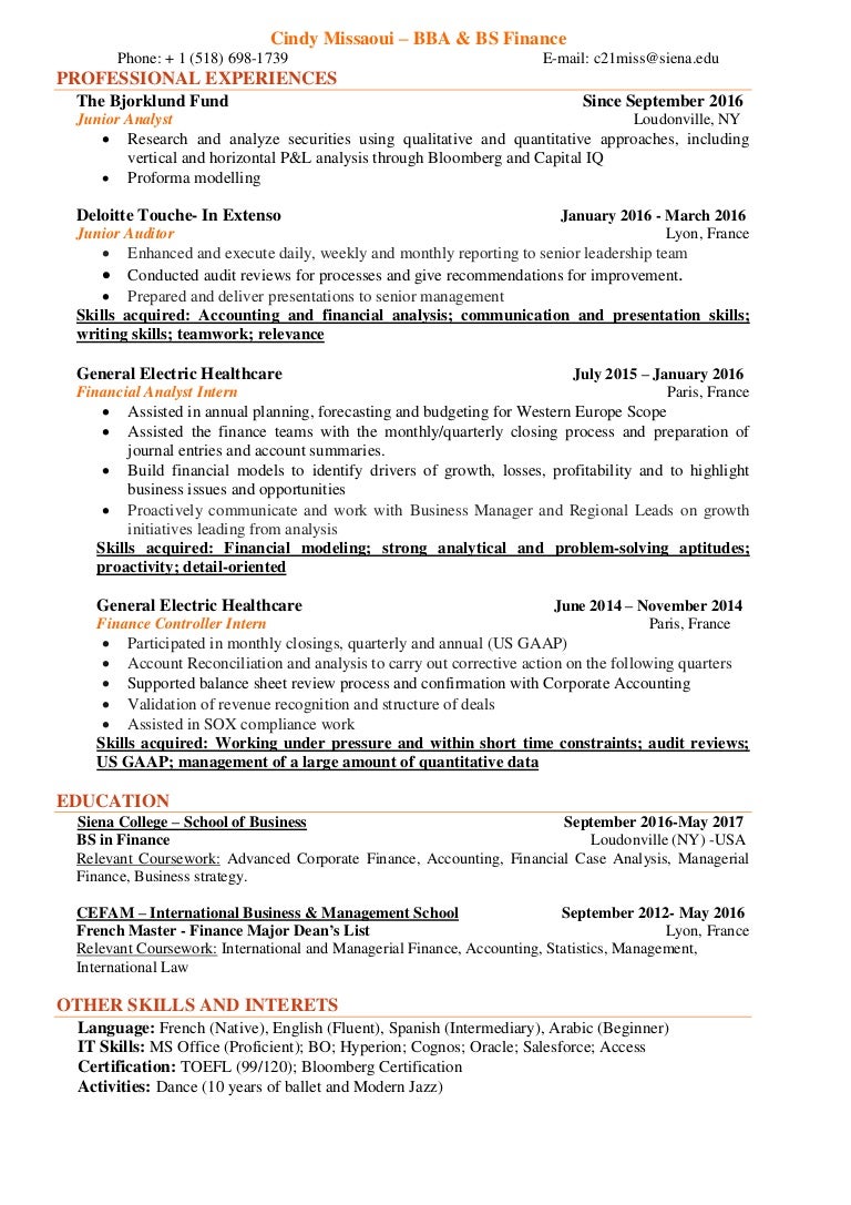 Additional coursework on resume finance