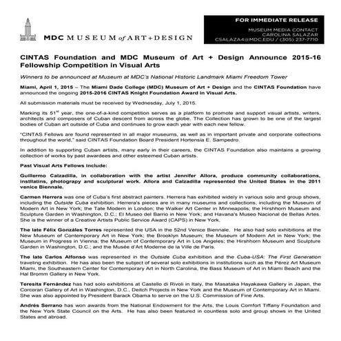 CINTAS Foundation and MDC Museum of Art + Design Announce 2015-16 Fellowship ...