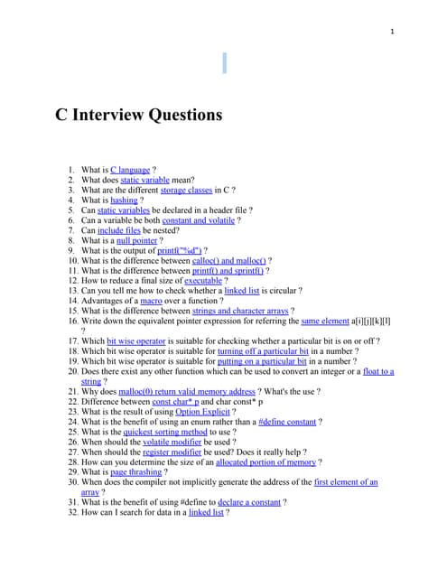 C Interview Questions for Fresher | PDF