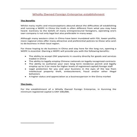 Wholly Owned Foreign Enterprise (WOFE)Establishment