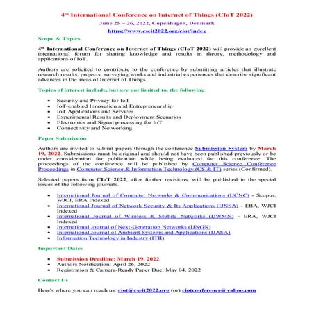 4th International Conference on Internet of Things (CIoT 2022) | PDF