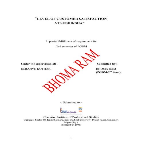 “LEVEL OF CUSTOMER SATISFACTION AT SUBHIKSHA”