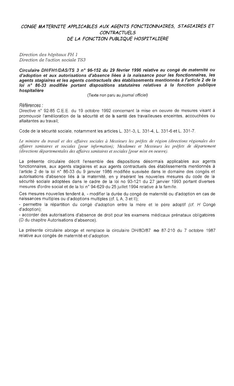 Circulaire Du 29 Fevrier 1996 Relative Au Conge Enfant Malade Dans La