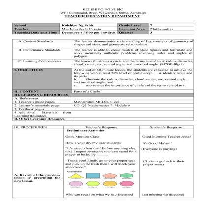 CIRCLE Detailed lesson plan about parts of a circle