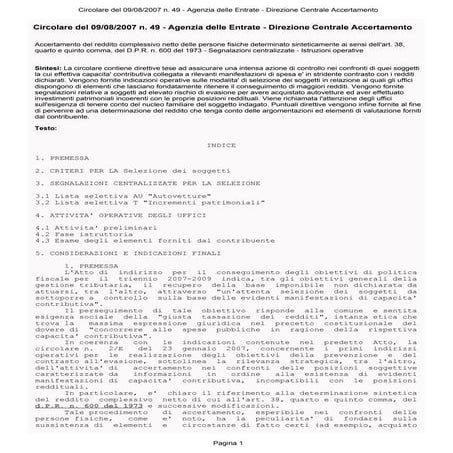 Circolare 49 9 agosto 2007 redditometro