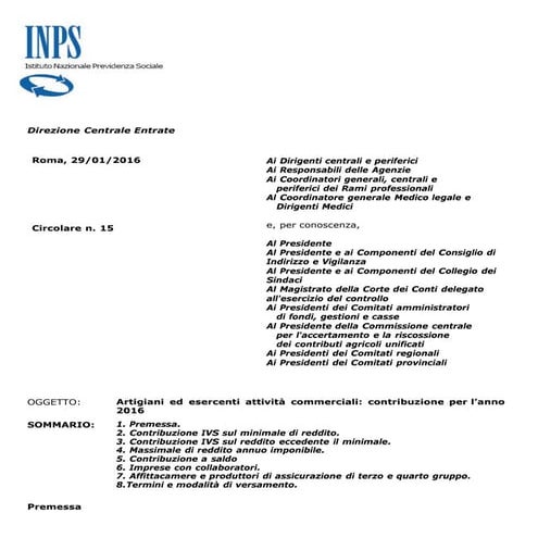 Circolare contributi inps 2016 artigiani e commercianti