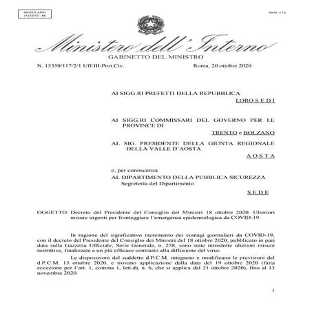 Dpcm 18 ottobre, la circolare del Viminale