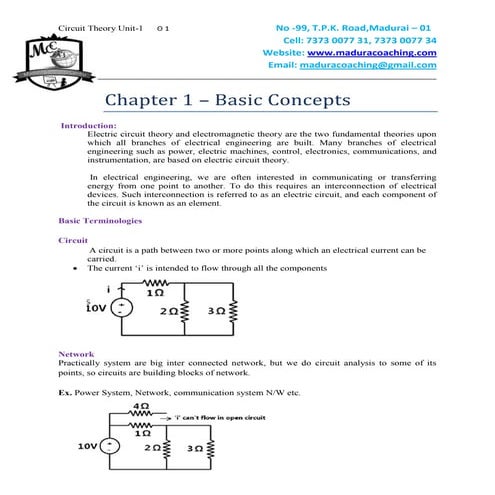 Fundamentals of Electric Circuit Theory: Concepts and Components | PDF