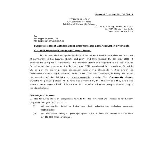 MCA Circular on XBRL implementation from 1st April 2011