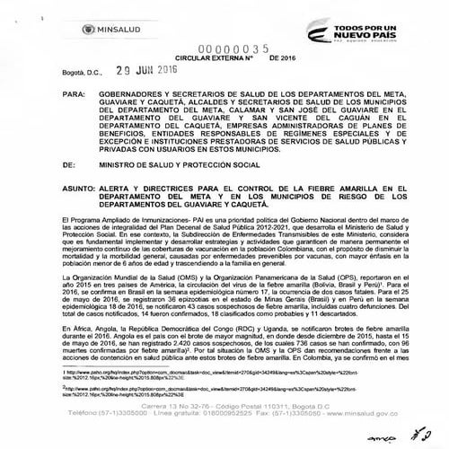 Circular externa-035-2016 sobre la fiebre amarilla