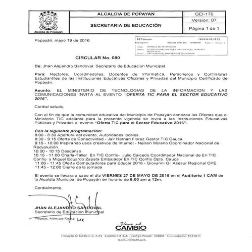 Circular 080.Secretaría de Educación Municipal